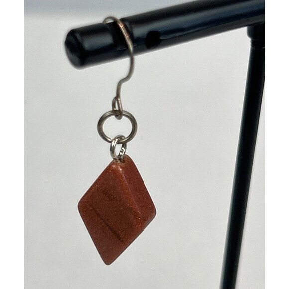 Goldstone Diamond Shaped Drop Earrings Silver Hooks Brown Sparkly - Picture 3 of 7